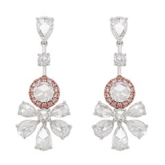 Argyle Pink Diamond Rose Cut White Diamond 18K Gold Drop Earrings