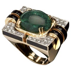 18 Karat Gelbgold, Emaille, Smaragd und Diamantring