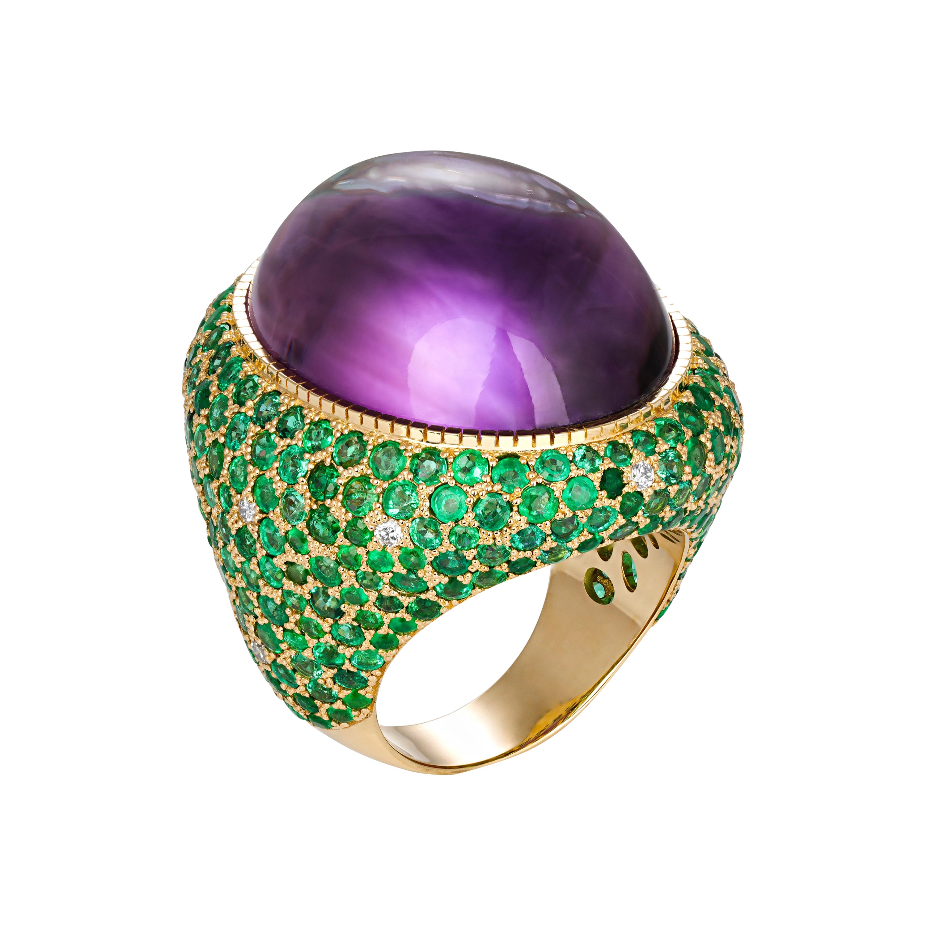For Sale:  Amethyst, Tsavorites and Diamonds Cocktail 14k Gold Ring