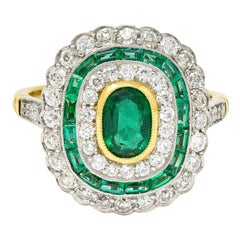 Antique Edwardian 2.15 Carats Emerald Diamond Platinum-Topped 18 Karat Gold Dinner Ring