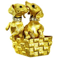Vintage Articulated 18K Gold Diamond Sapphire Dachshund Pups in Basket Brooch, Pendant