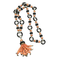 Onyx, Coral and Diamond Necklace