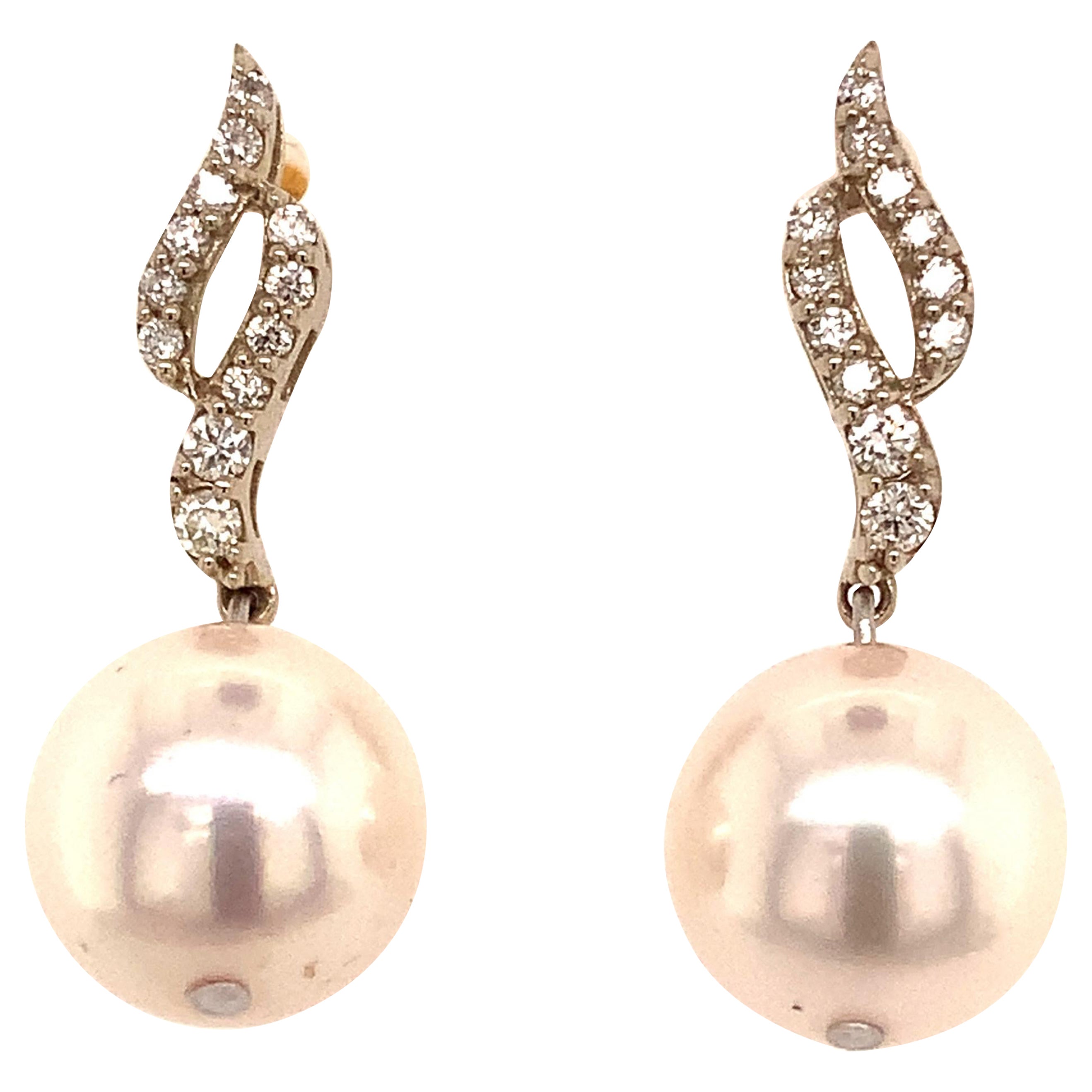 Diamond Akoya Pearl Dangle Earrings 14Karat Gold 9.2 mm Certified For Sale