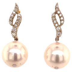 Diamond Akoya Pearl Dangle Earrings 14Karat Gold 9.2 mm Certified