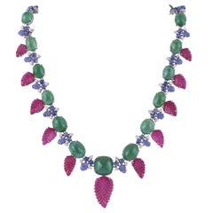 Emerald Cabochons, Carved Blue Sapphire, Ruby & Diamonds Tutti Frutti Necklace