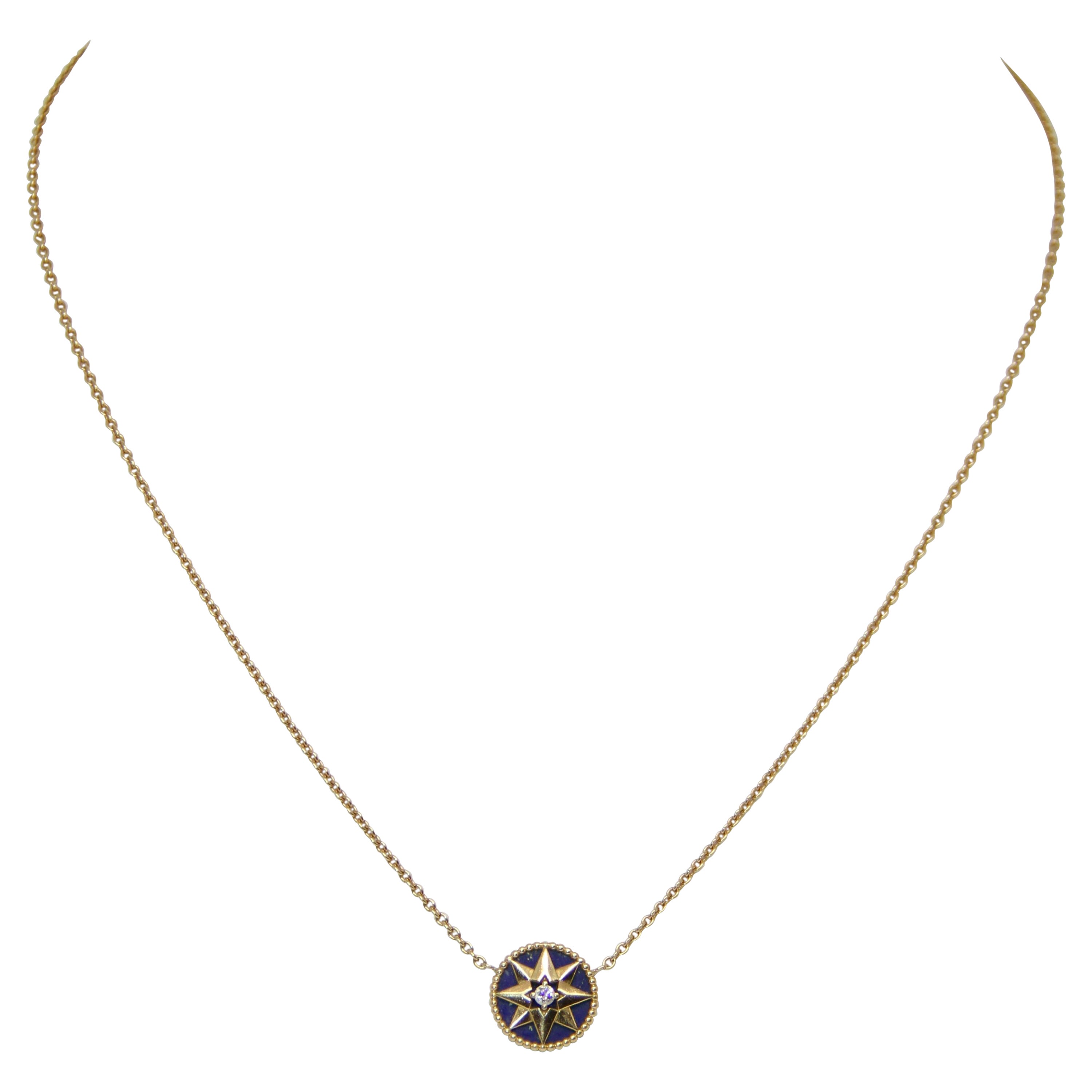 Christian Dior 18K Yellow Gold Diamond Lapis Lazuli Rose Des Vents Necklace