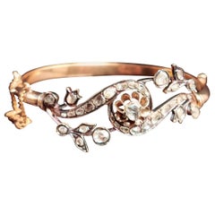 Bracelet jonc victorien ancien en or 18 carats avec diamants taille rose et fleurs 