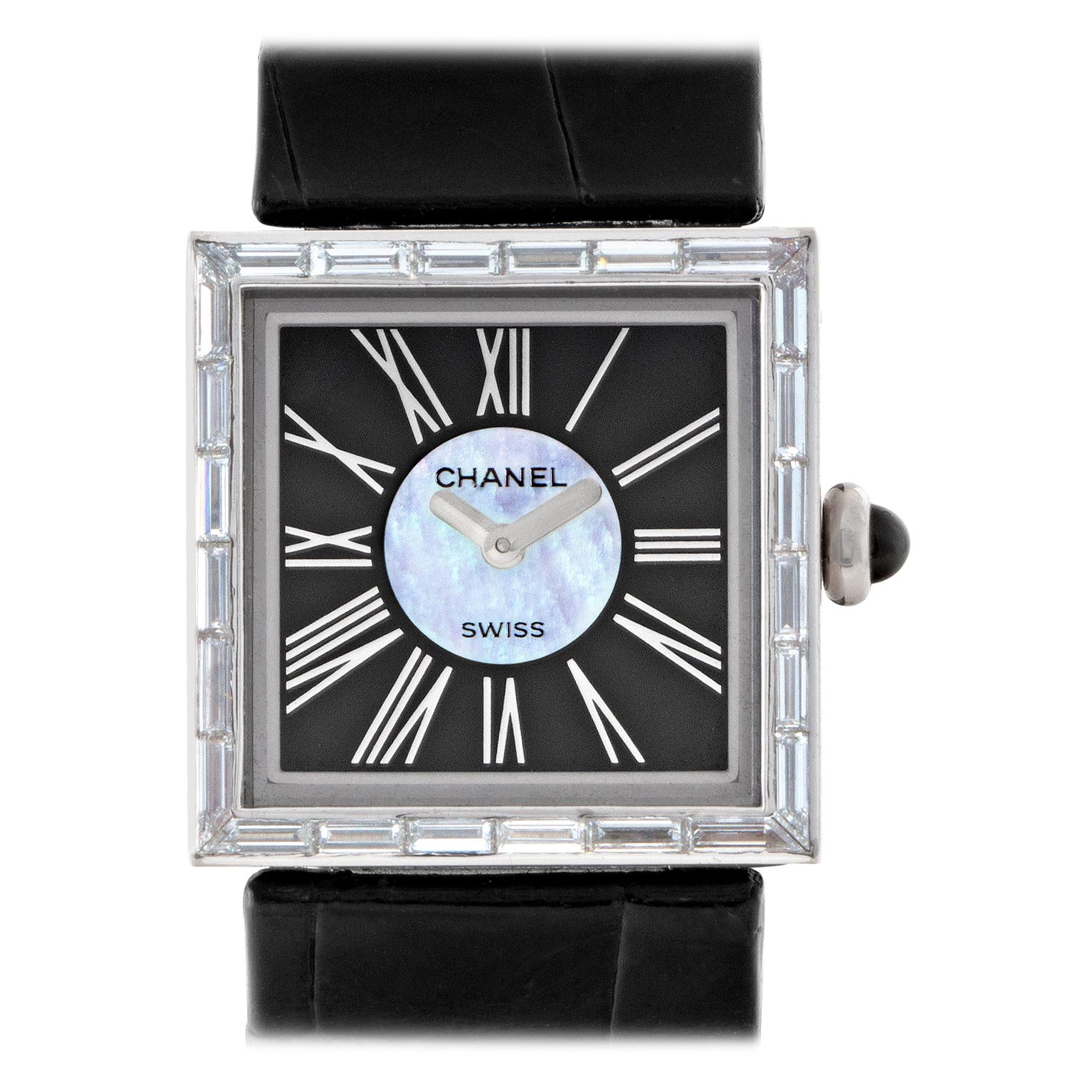 Chanel Mademoiselle Xxx 18k White Gold Black & Silver Dial Quartz Watch For Sale