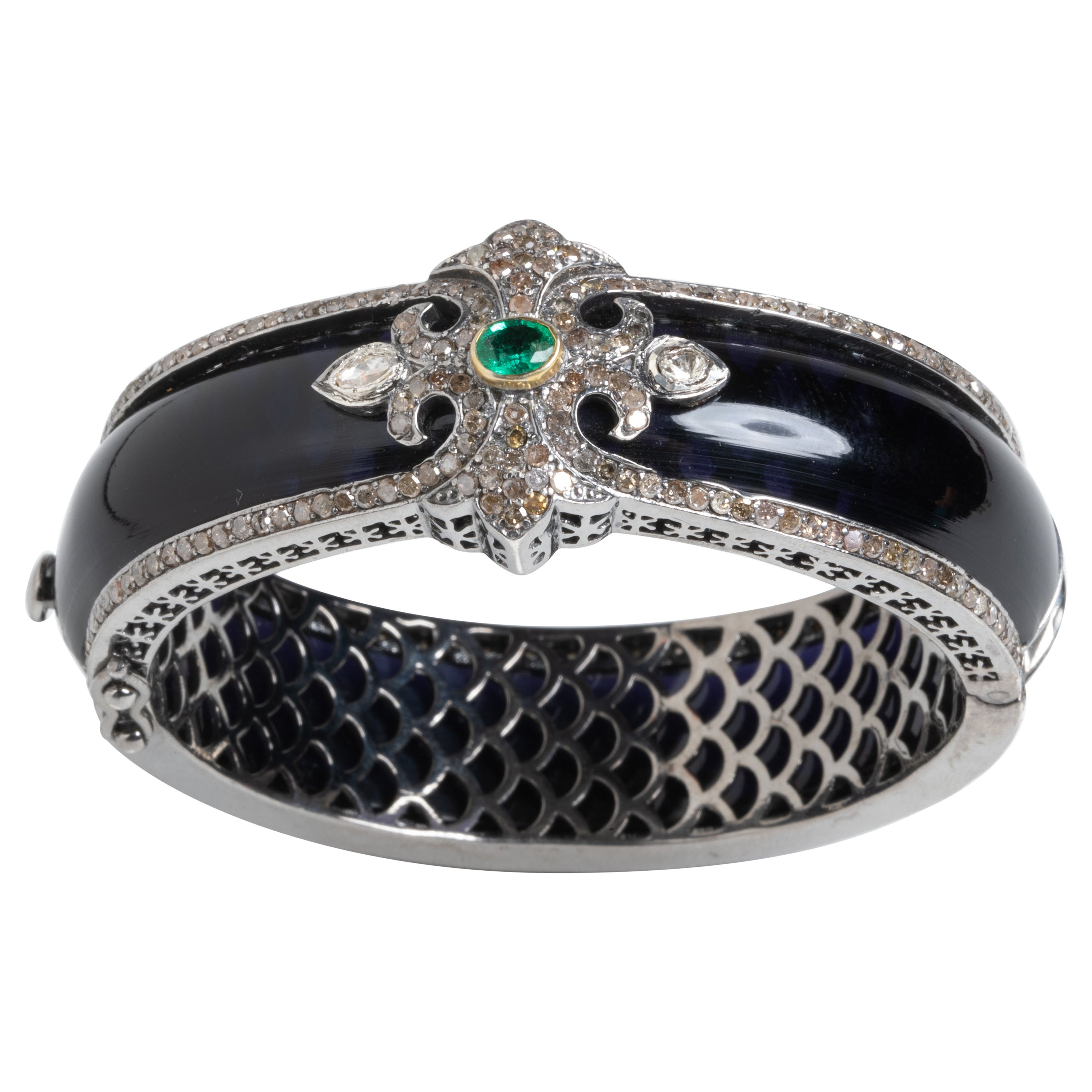 Black Bakelite, Diamond, Emerald and Sterling Silver Bracelet