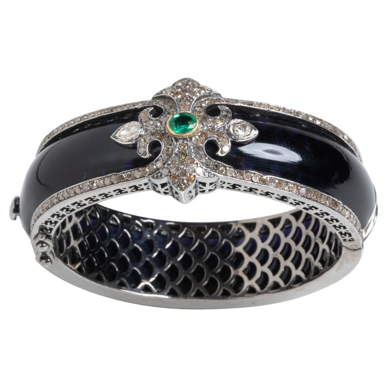 Black Bakelite, Diamond, Emerald and Sterling Silver Bracelet For Sale