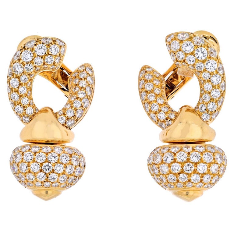 Bvlgari 18K Yellow Gold Diamond Chandra Pave Heart Earrings For Sale