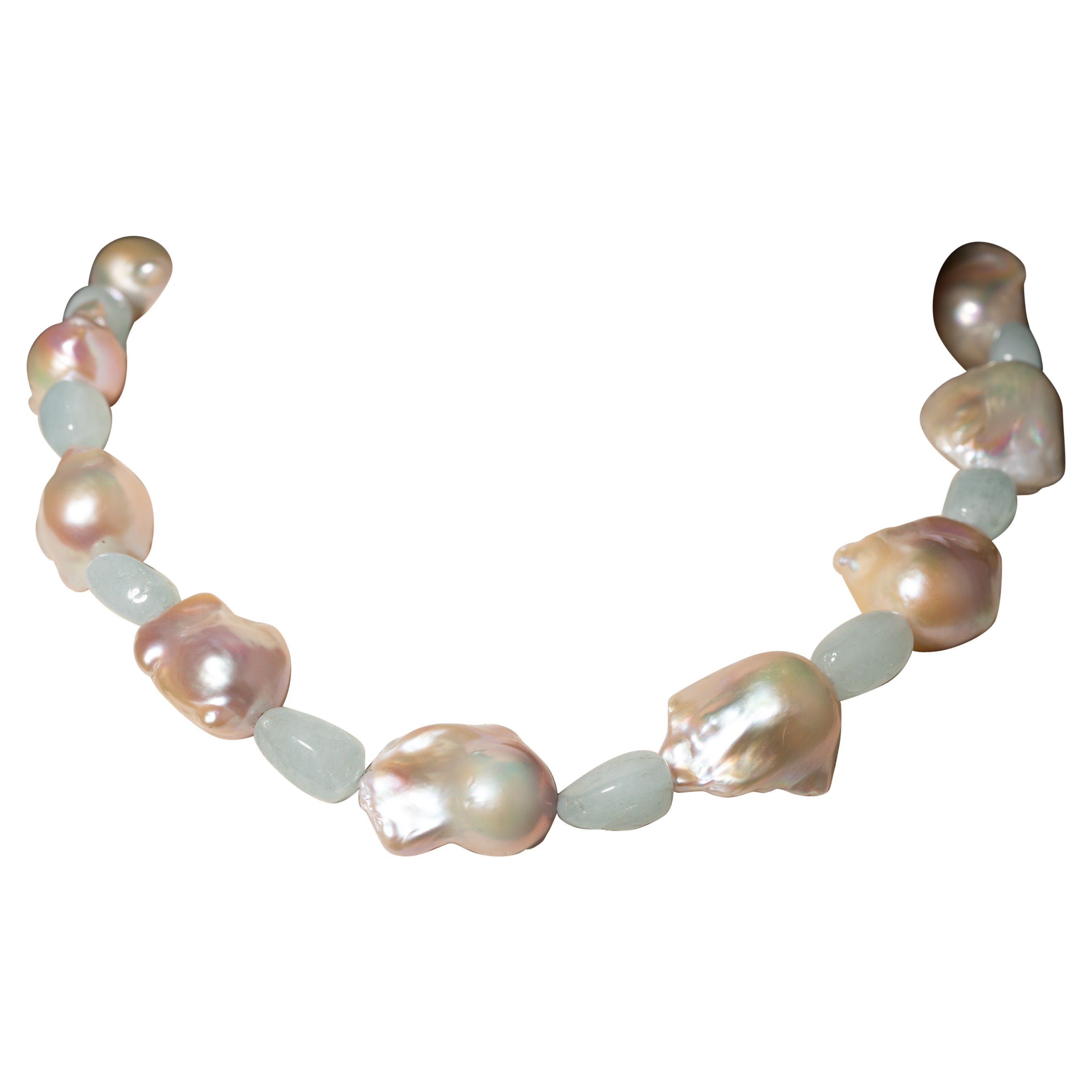 Blush Baroque Pearl and Aquamarine Necklace by Deborah Lockhart Phillips For Sale