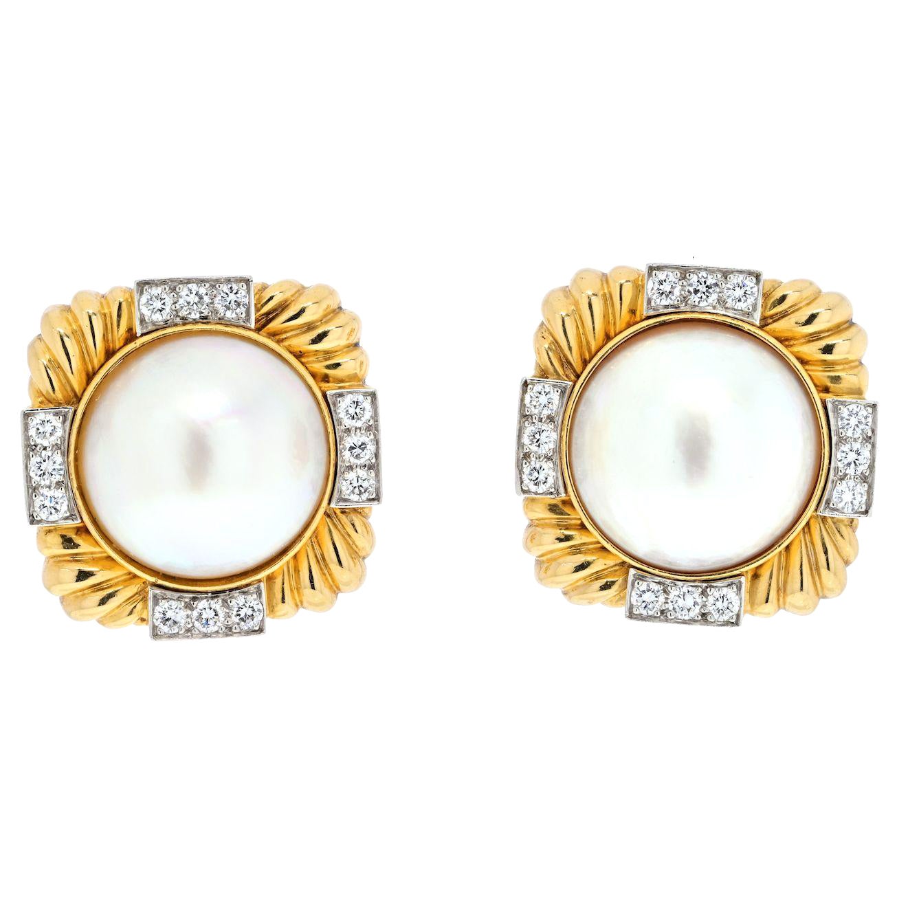 David Webb Platinum & 18K Yellow Gold Fluted Diamond And Pearl Clip-On Earrings For Sale
