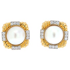 David Webb Platinum & 18K Yellow Gold Fluted Diamond And Pearl Clip-On Earrings
