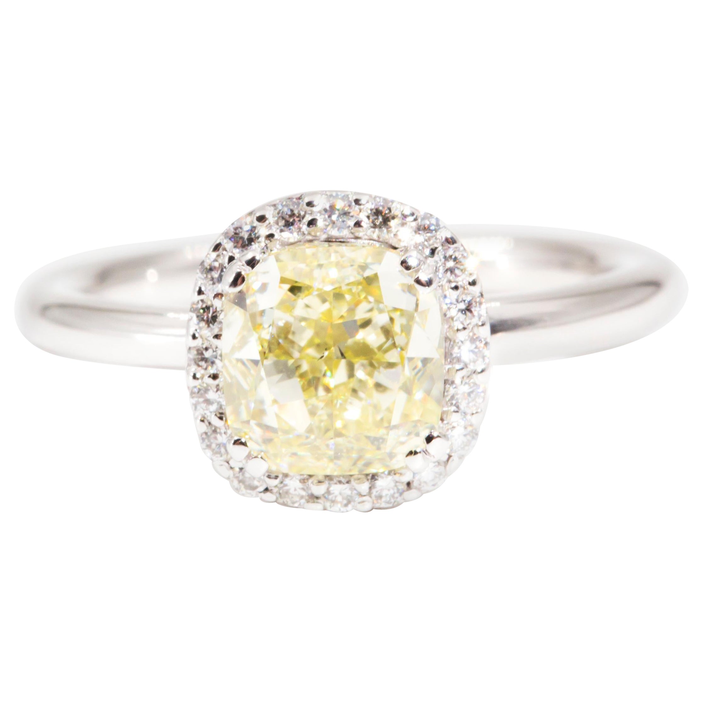 GIA Certified 2.00 Carat Fancy Yellow Diamond Contemporary Halo Engagement Ring