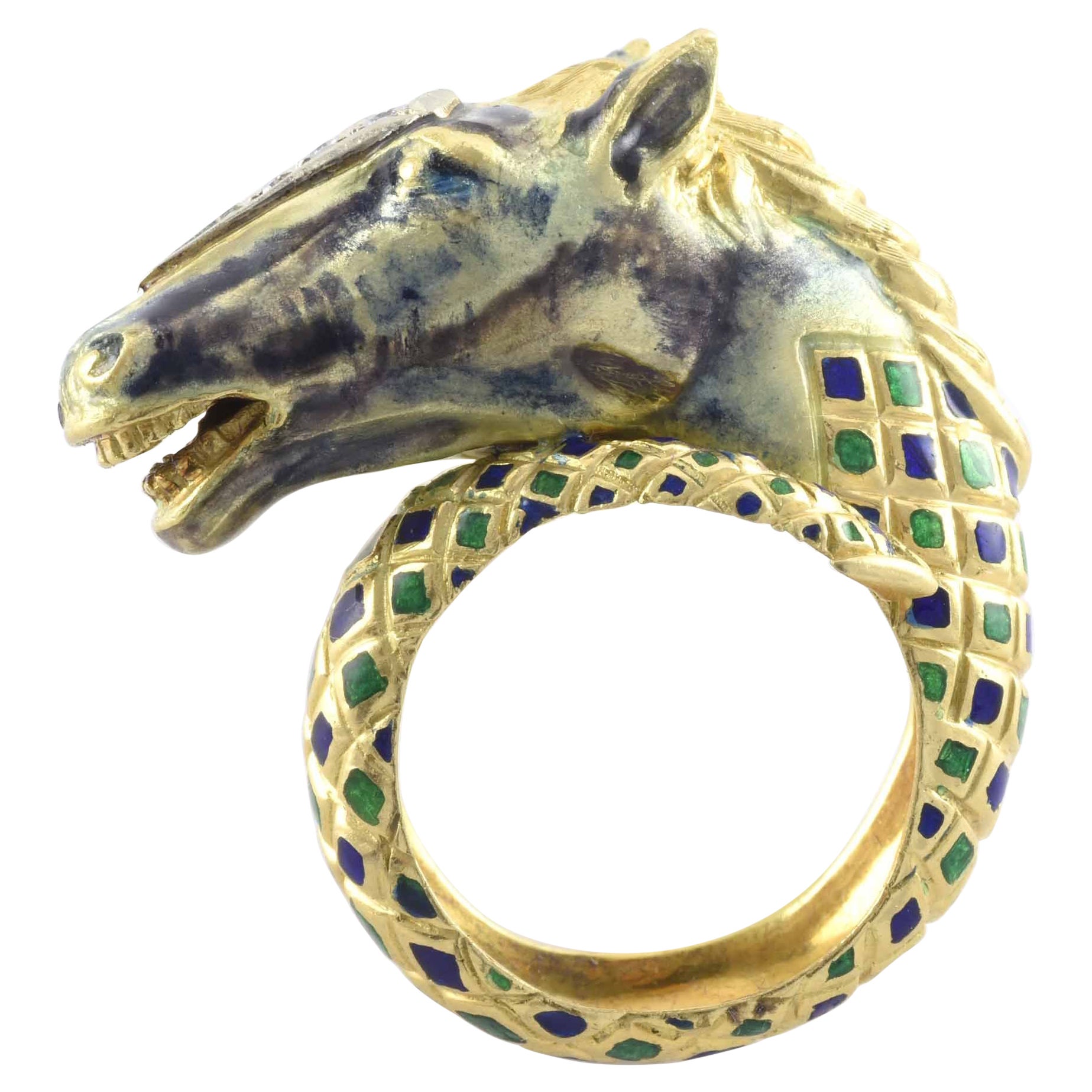 Estate Diamond and Enamel Horse Head Ring For Sale