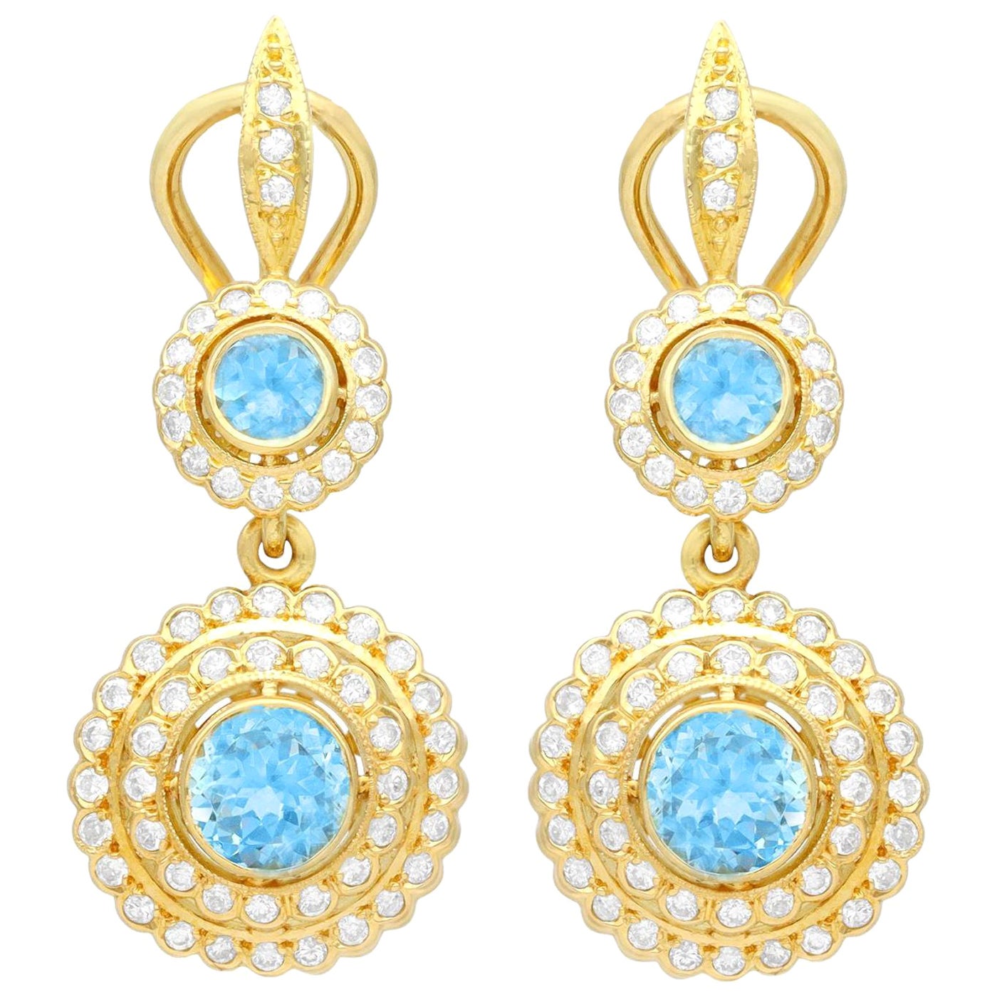 Vintage 1.80 Carat Aquamarine and 1.20 Carat Diamond and Yellow Gold Earrings For Sale