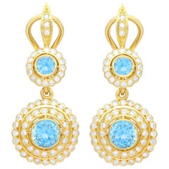 Boucles d'oreilles vintage en or jaune et diamants de 1,80 carat et aigue-marine de 1,20 carat