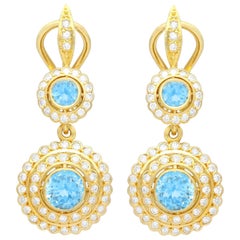 Boucles d'oreilles vintage en or jaune et diamants de 1,80 carat et aigue-marine de 1,20 carat