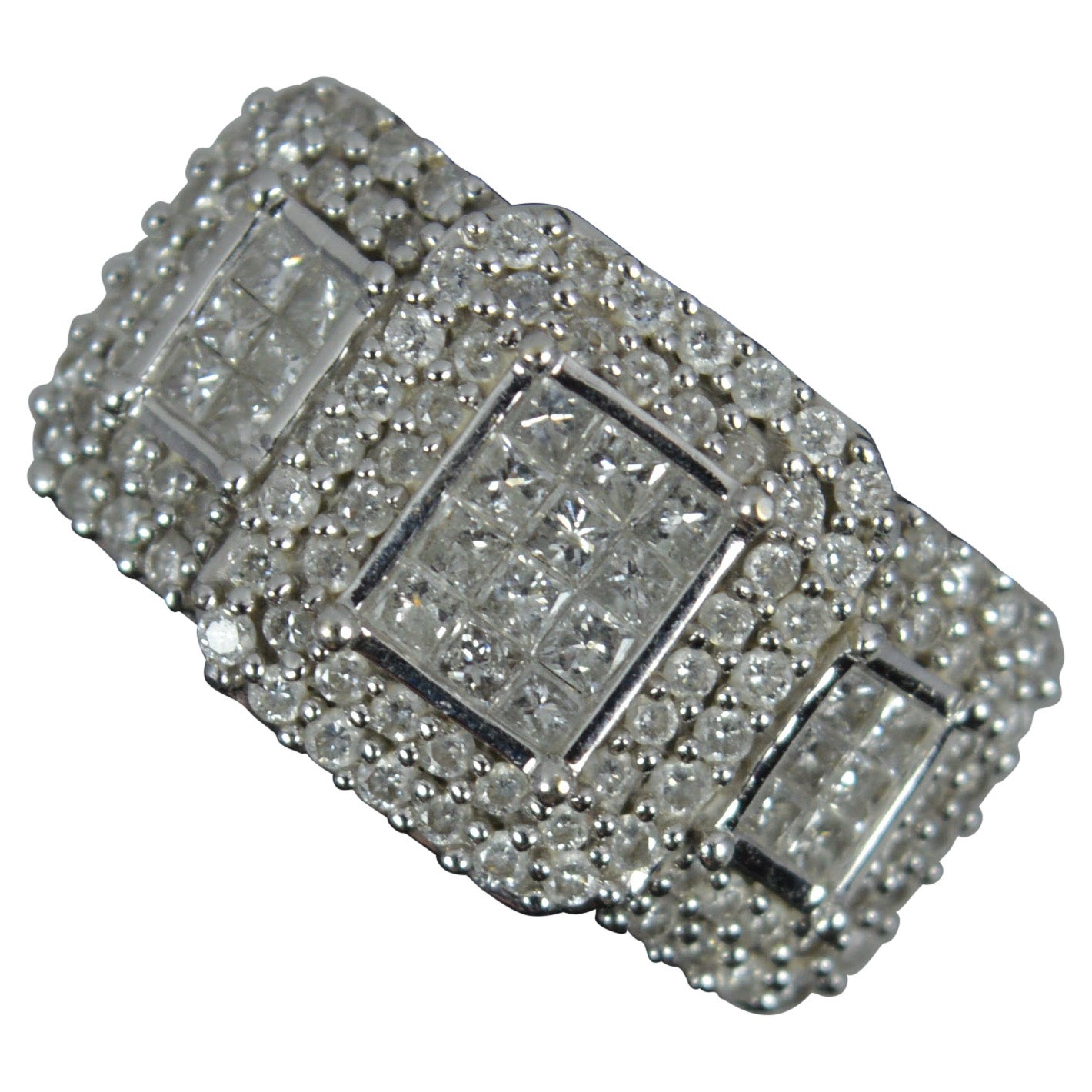 Impressive 1.00 Carat Diamond 18ct White Gold Triple Cluster Ring For Sale