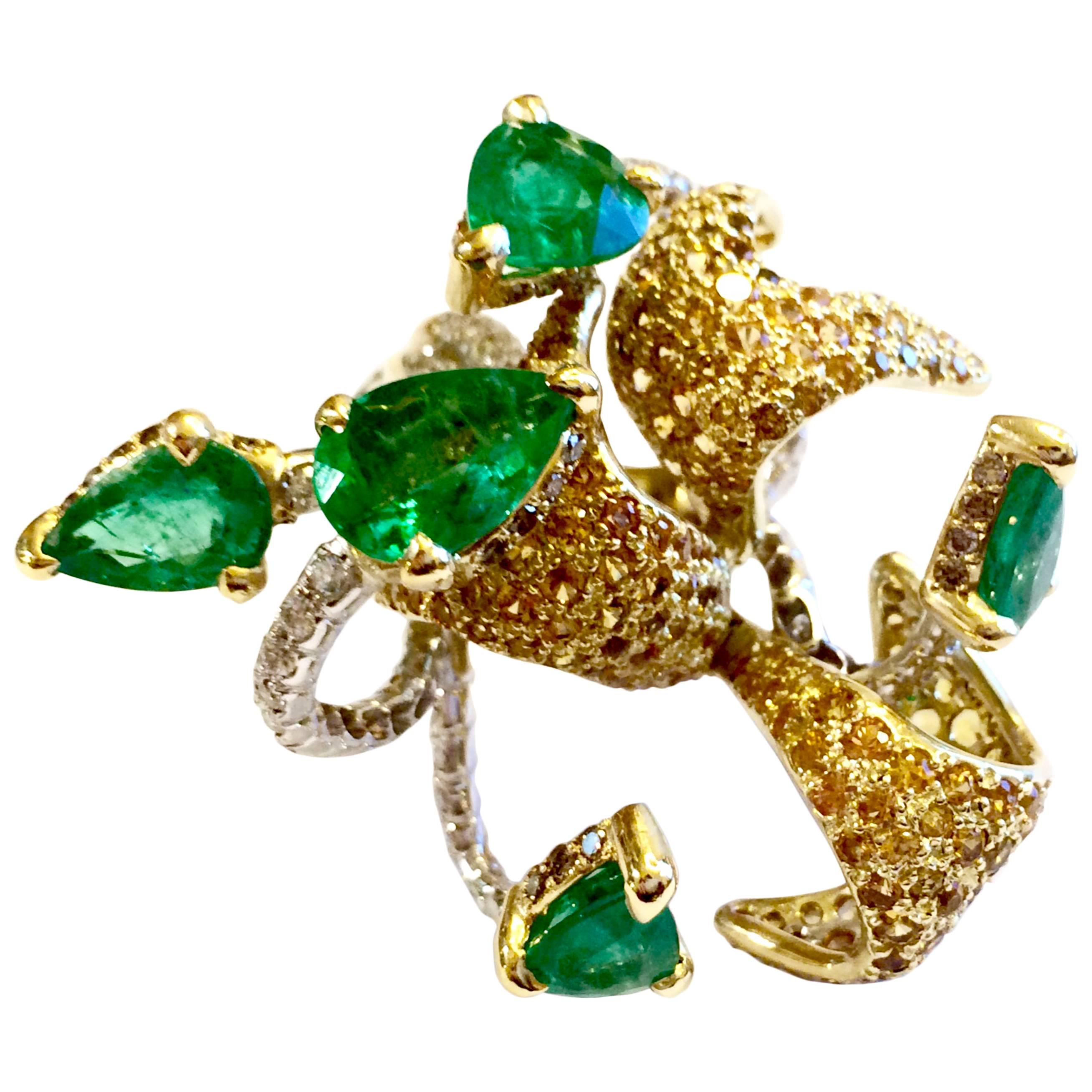 Emerald Diamond Gold Sculpture Ring For Sale