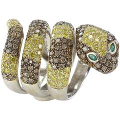 Yellow and Cognac Diamond Emerald Gold Snake Ring 8