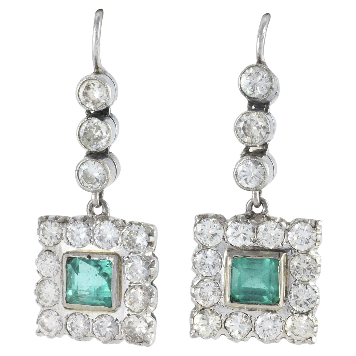 Art Deco Natural Green Colombian Emerald and Diamond Halo Drop Down Earrings 