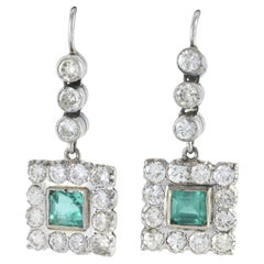 Art Deco Natural Green Colombian Emerald and Diamond Halo Drop Down Earrings 