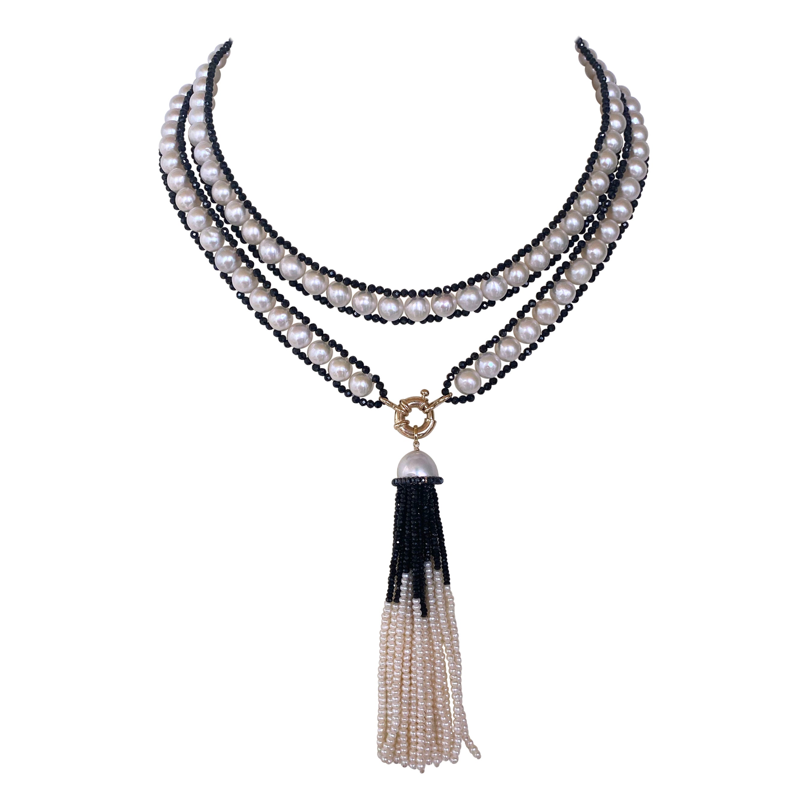 Marina J. Pearl and Black Spinel Satuoir and Tassel with 14k Yellow Gold For Sale