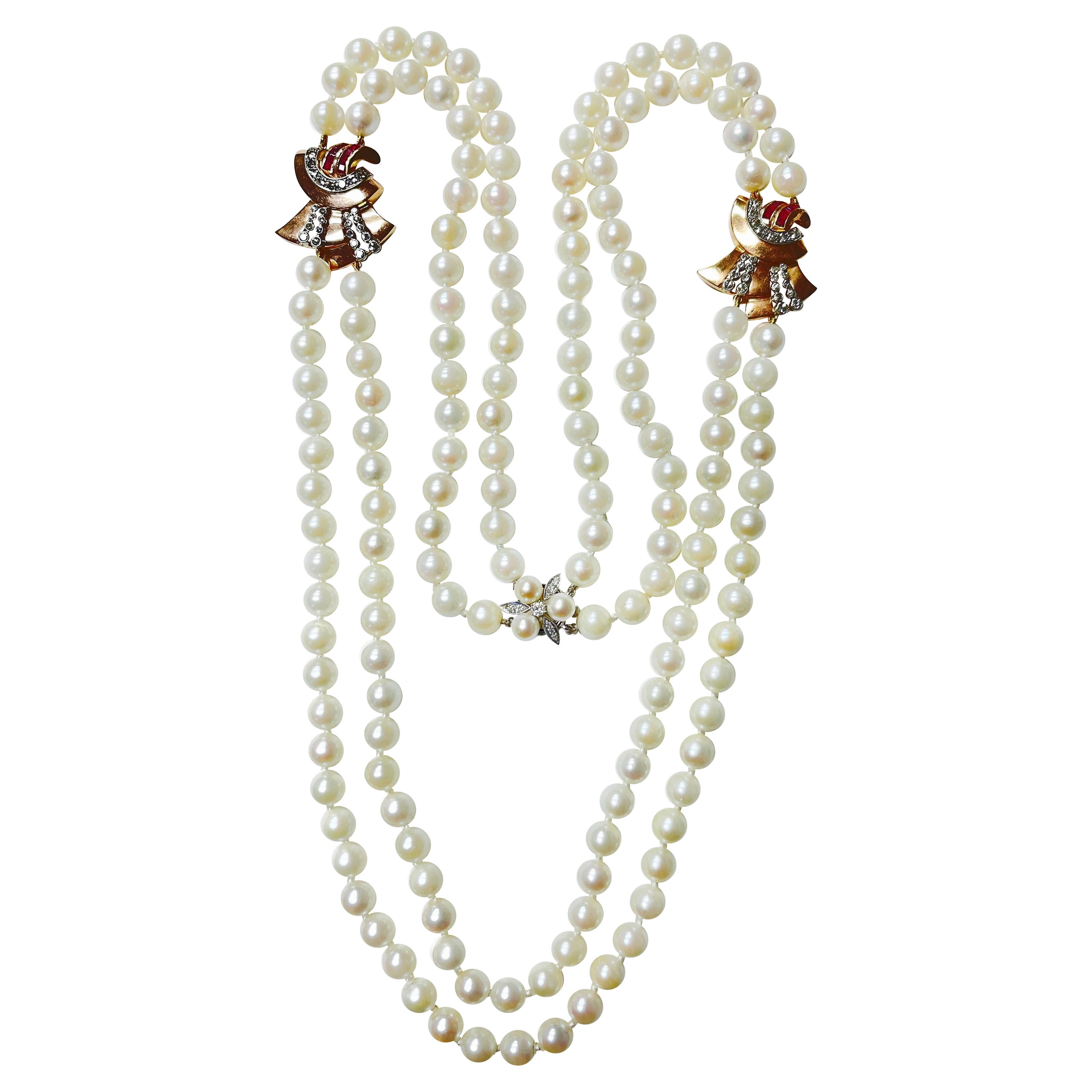 1940 Retro Pearl, Diamond and Ruby Necklace in 14K Yellow Gold For Sale