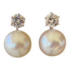 Natural Pearl and Diamond Stud Earrings 