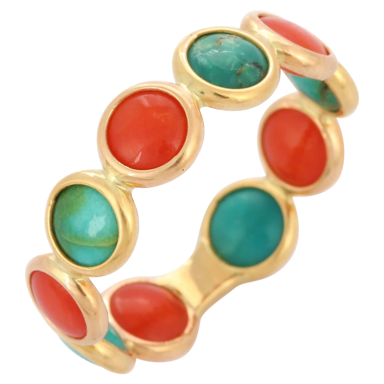 18k Solid Yellow Gold Coral and Turquoise Eternity Band