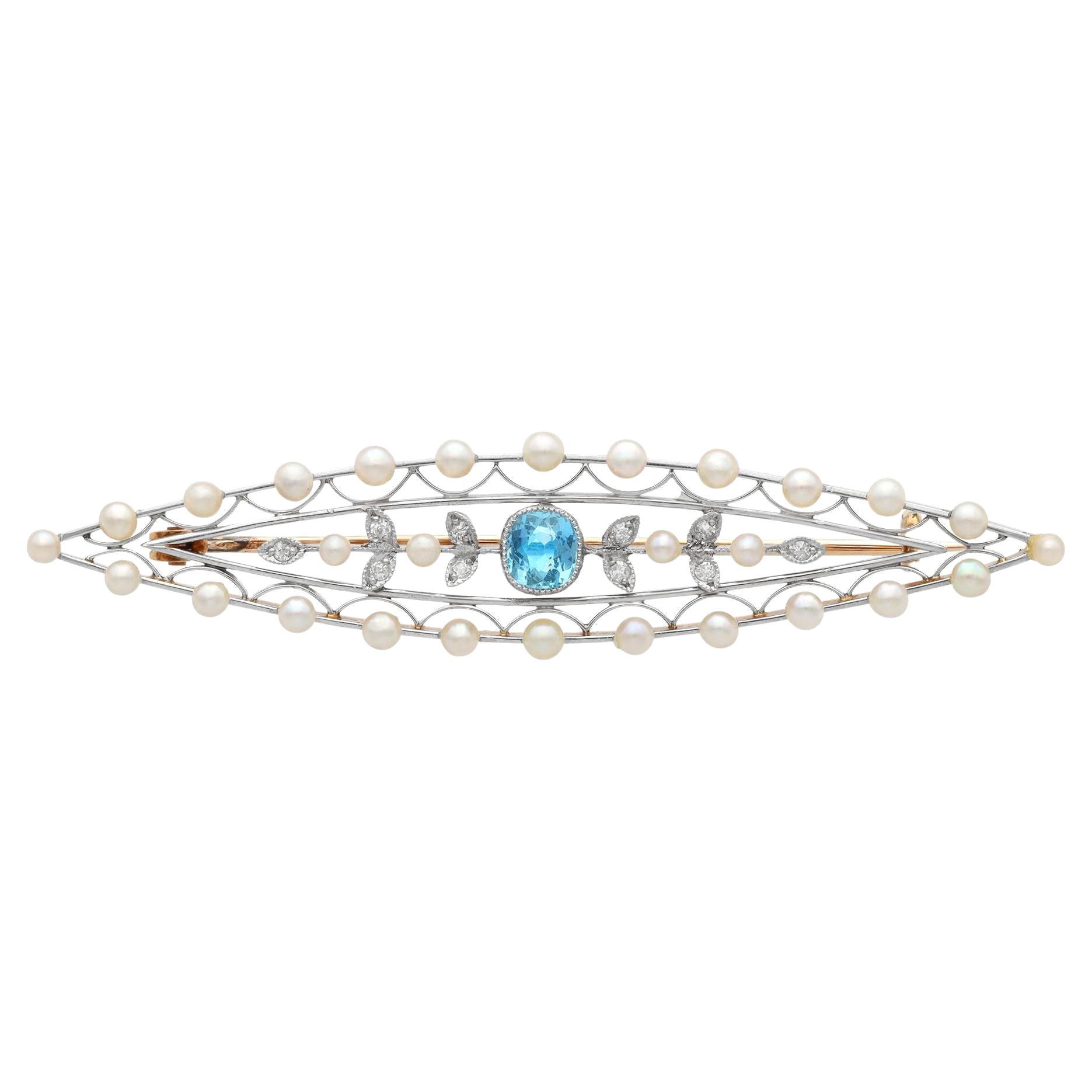 Antique Aquamarine and Diamond Pearl and 14k Rose Gold Brooch For Sale
