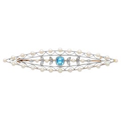 Antique Aquamarine and Diamond Pearl and 14k Rose Gold Brooch