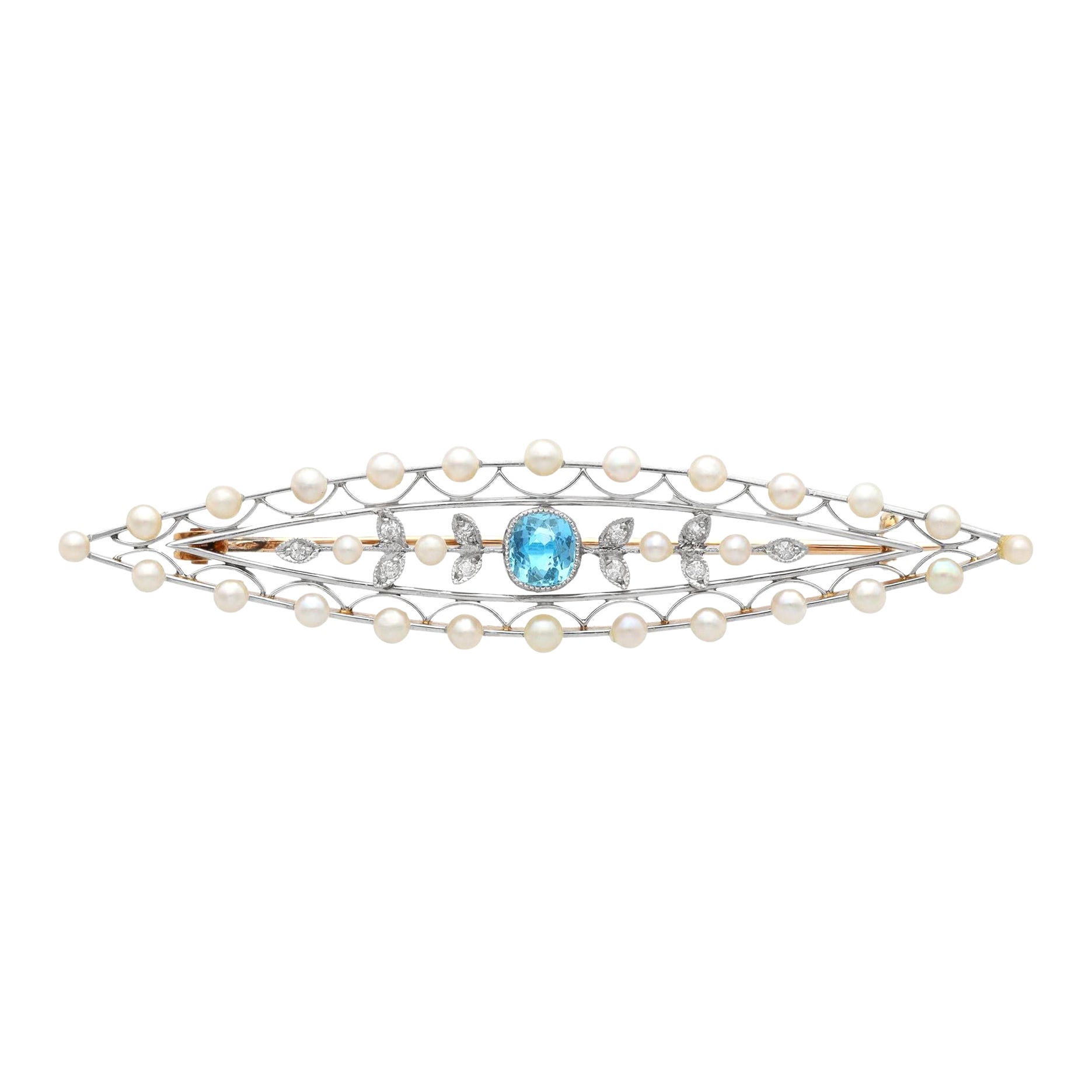 Antique Aquamarine and Diamond Pearl and 14k Rose Gold Brooch