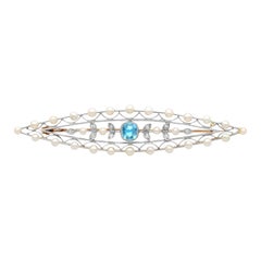 Antique Aquamarine and Diamond Pearl and 14k Rose Gold Brooch