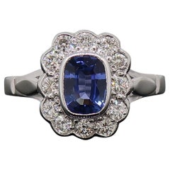 Cushion Sapphire and Diamond Art Deco Style Cluster Ring 18 Karat White Gold