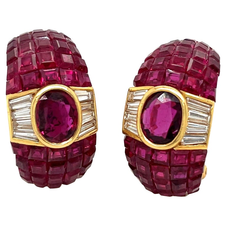 18KT YG Oval and Invisibly Set Rubies 12.85 Ct and Diamond 0.92 Cts Hoop  Earrings For Sale at 1stDibs