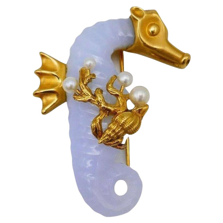 Seemann Schepps Seepferdchen-Brosche/Anstecknadel, Chalcedon Perle Gelbgold im Angebot