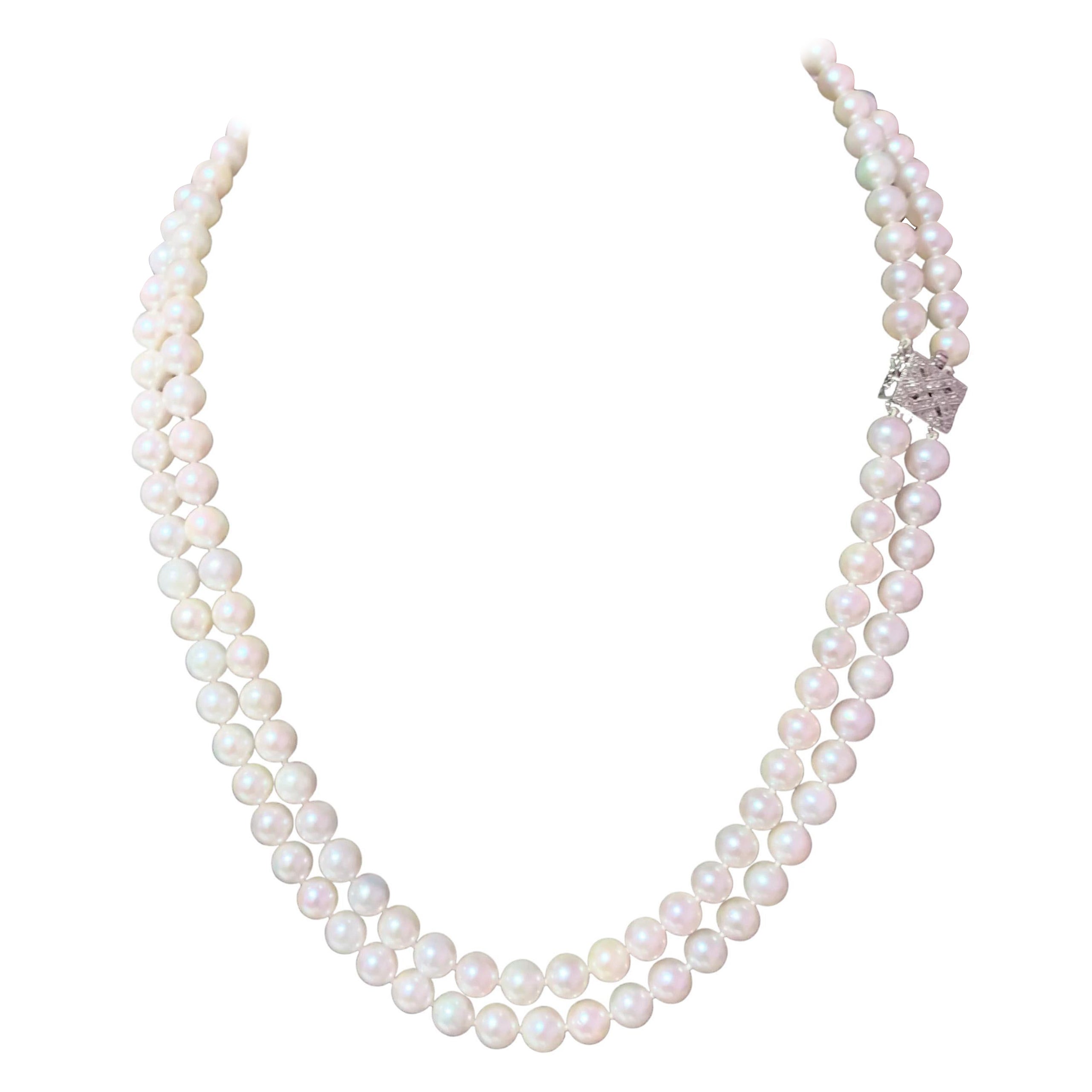 Diamond Akoya Pearl 2-Strand Necklace 18k Gold Certified For Sale