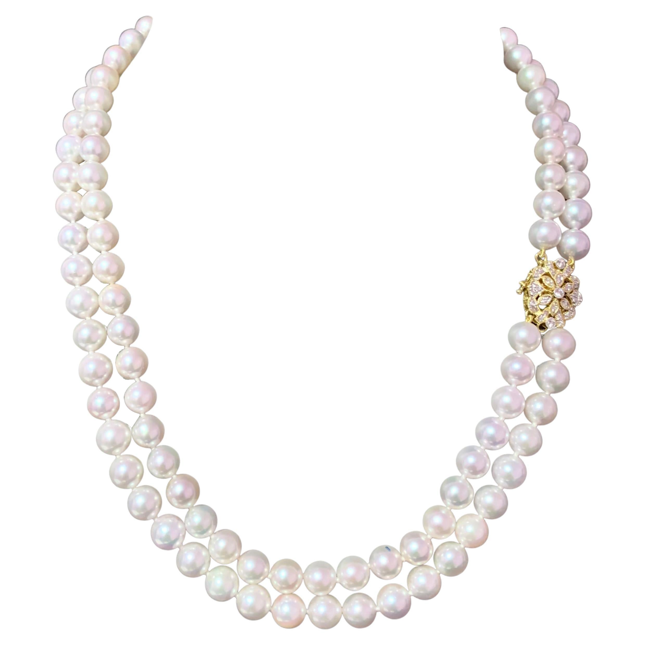 Diamant-Diamant- Akoya-Perle 2-Strand-Halskette 14k Gold 7,5 mm zertifiziert im Angebot