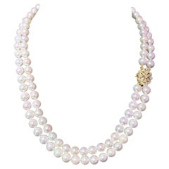 Collier à 2 rangs de perles Akoya en or 14 carats et diamants de 7,5 mm certifiés