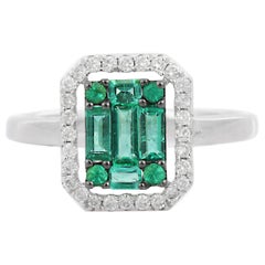 Retro 18k Solid White Gold Emerald Cluster Engagement Ring with Diamonds