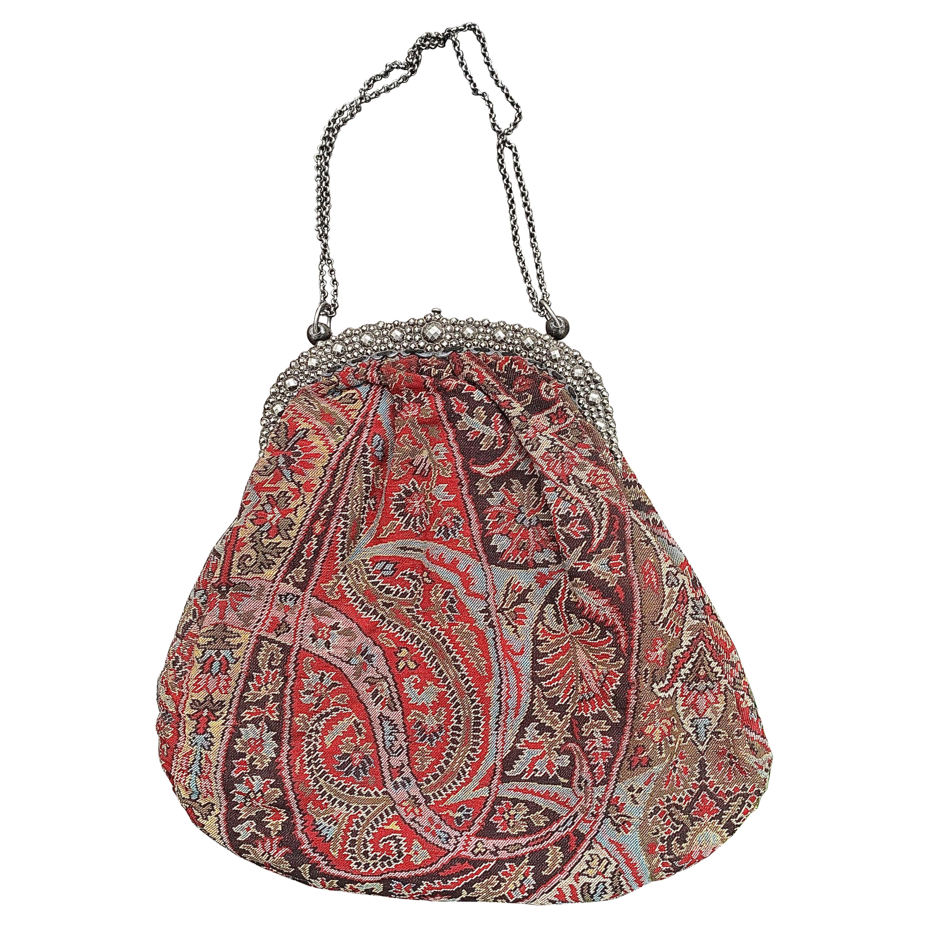Antique French Silver Handbag Paisley fabric  For Sale