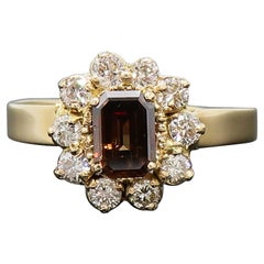 18 Karat Brown Emerald Cut Diamond Cluster Ring Yellow Gold
