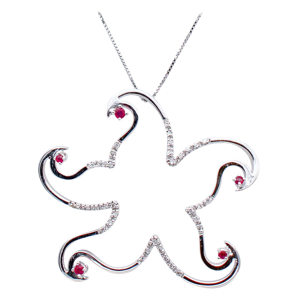 Rubies, Diamonds, 18 Karat White Gold Star Shape Pendant Necklace For Sale