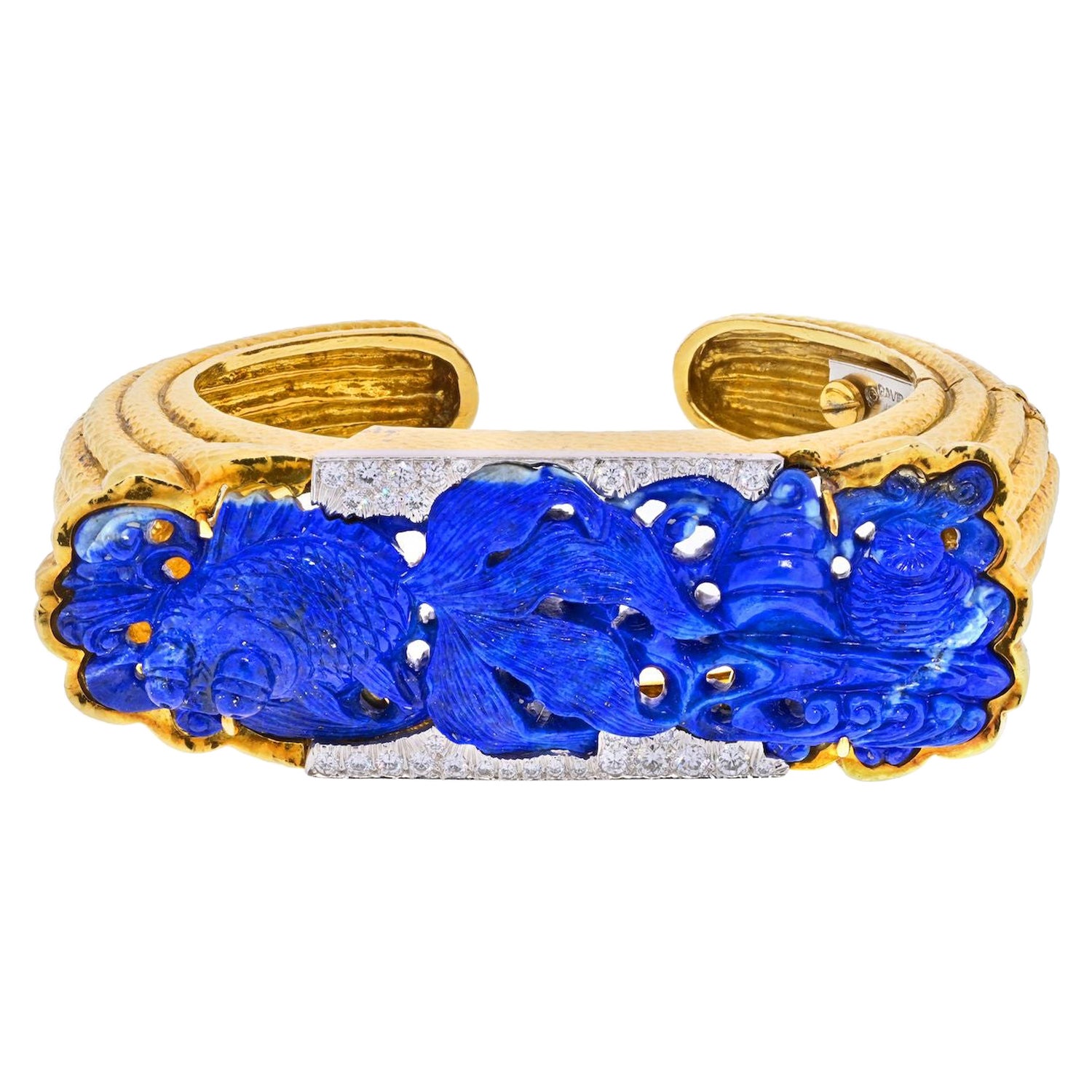 David Webb 18K Yellow Gold Carved Lapis Lazuli Cuff Diamond Bracelet For Sale