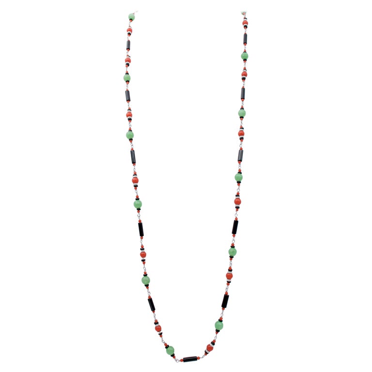 Coral, Jade, Diamonds, Onyx, 9 Kt White Gold Multi-Strands Necklace For Sale