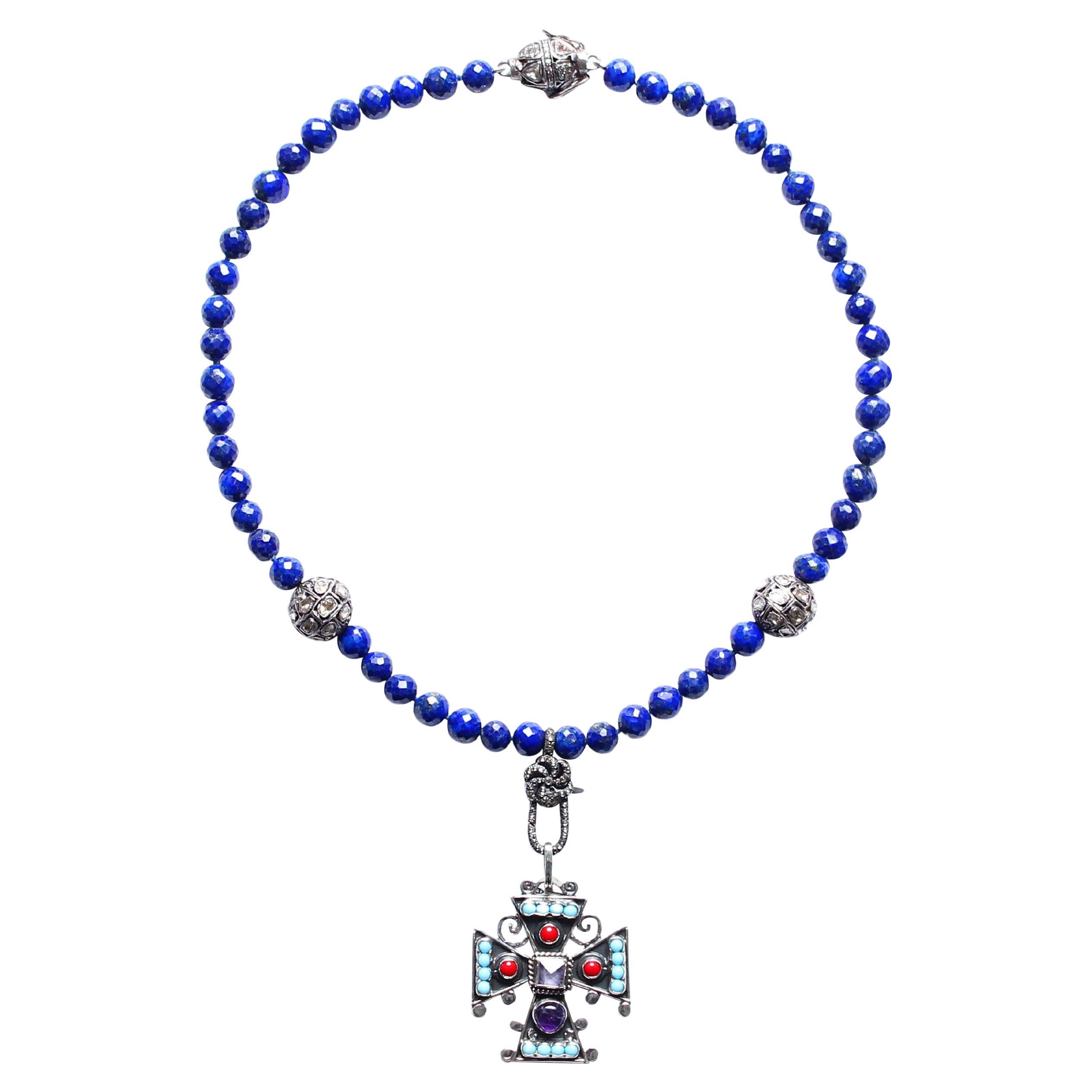 Clarissa Bronfman Lapis Diamond Sterling Silver Enamel Cross Beaded Necklace