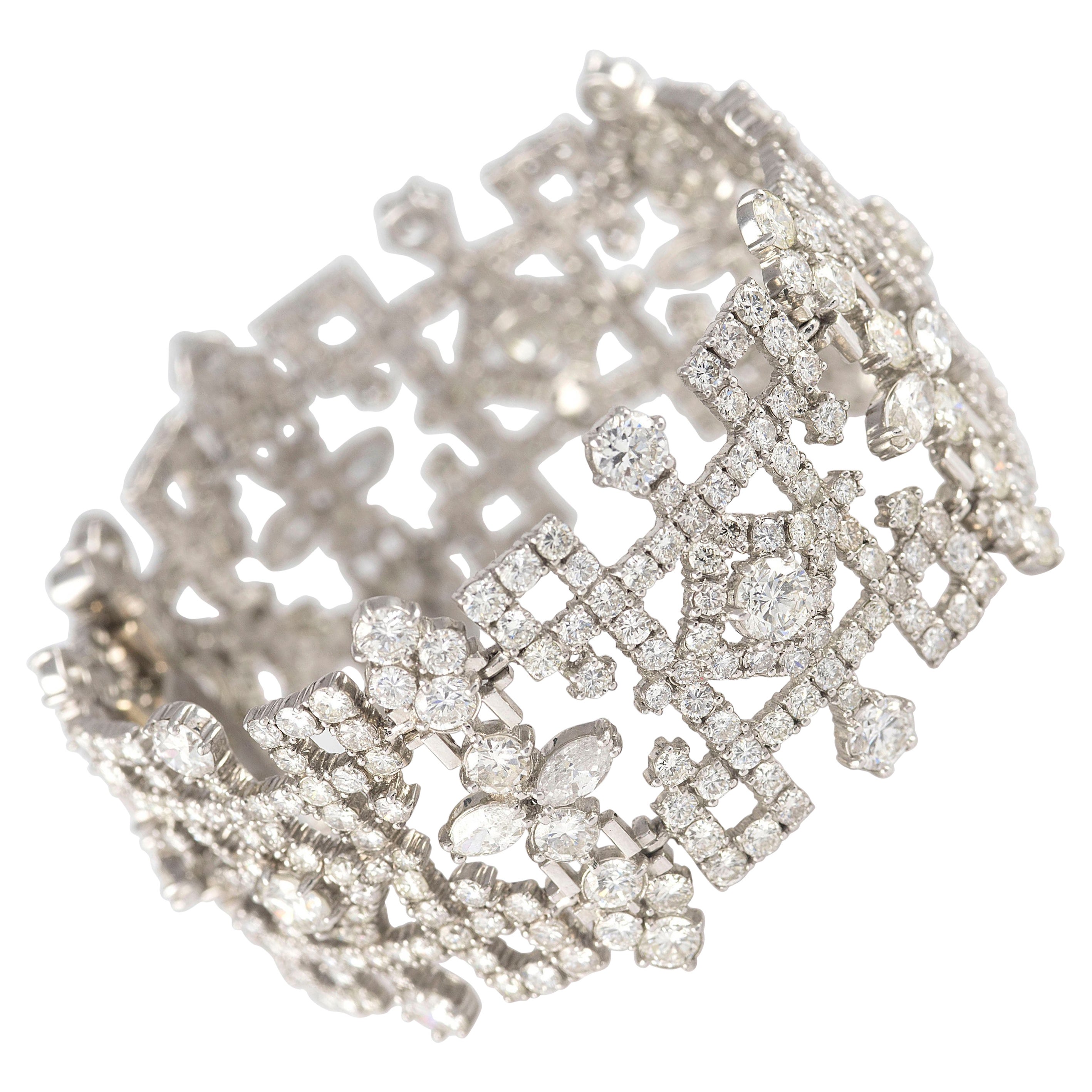 Wide Diamond and Platinum Art Deco Style Link Bracelet 